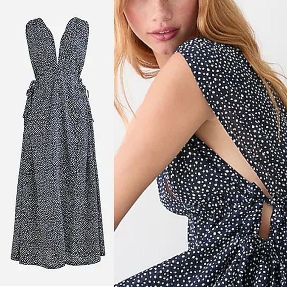 J. Crew Dresses & Skirts - J Crew Maxi Dress Medium Navy Blue Polka Dot Side Tie Beach V Neck Oversized